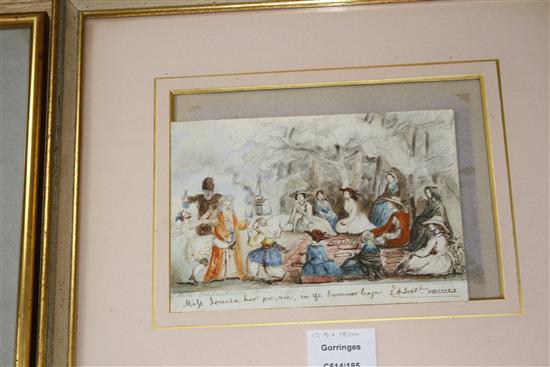 19th century English School, four watercolours, Indian study of a bungalow with annotations verso; Miss Louisa Her Picnic; Study from